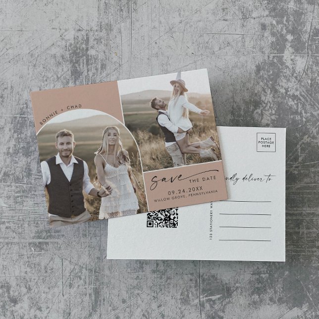 Invitation Carte Postale Arche moderne | Saumon QR Code 2 Photo Enregistrer (Créateur téléchargé)