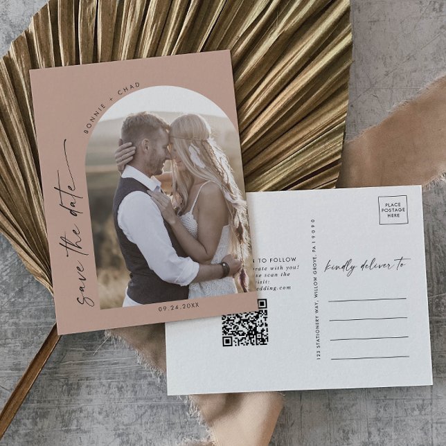 Invitation Carte Postale Arche moderne | Saumon QR Code photo Enregistrer l (Créateur téléchargé)