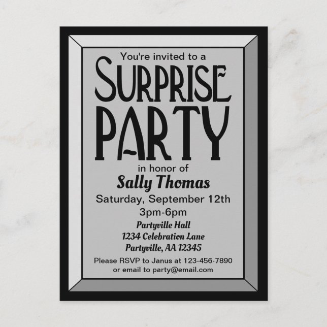 Invitation Carte Postale Argent Art Déco Beveled Anniversaire Surprise Part (Devant)