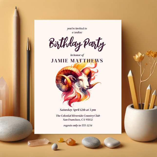 Invitation Carte Postale Aries Aquarelle Ram Zodiac Thème Anniversaire Fête (Watercolor Aries Zodiac-Themed Birthday Party Suite | Postcard Invitations Shown Here)