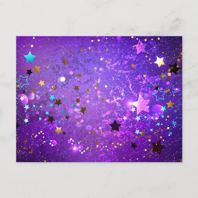 Invitation Carte Postale Arrière - plan de feuille violet avec étoiles (Devant)