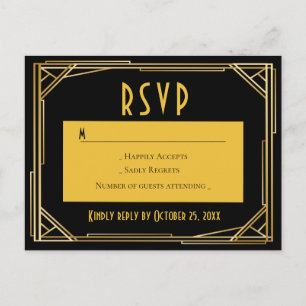 Invitation Carte Postale Art Déco Black Gold RSVP Great Gatsby Mariage