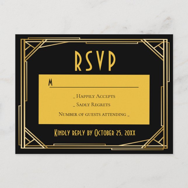 Invitation Carte Postale Art Déco Black Gold RSVP Great Gatsby Mariage (Devant)