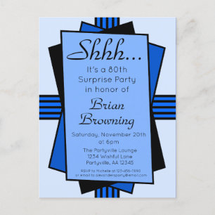 Invitation Carte Postale Art déco bleu 80e anniversaire de la Surprise
