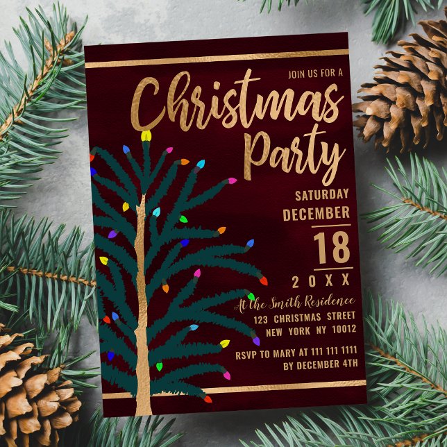 Invitation Carte Postale Artsy Gold Burgundy Tree Lumières Noël (Artsy Gold Burgundy Tree Lights Christmas Party Invitation Postcard )
