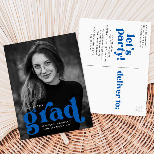 Invitation Carte Postale Audacieuse Typographie Bleue Photo Party Graduatio