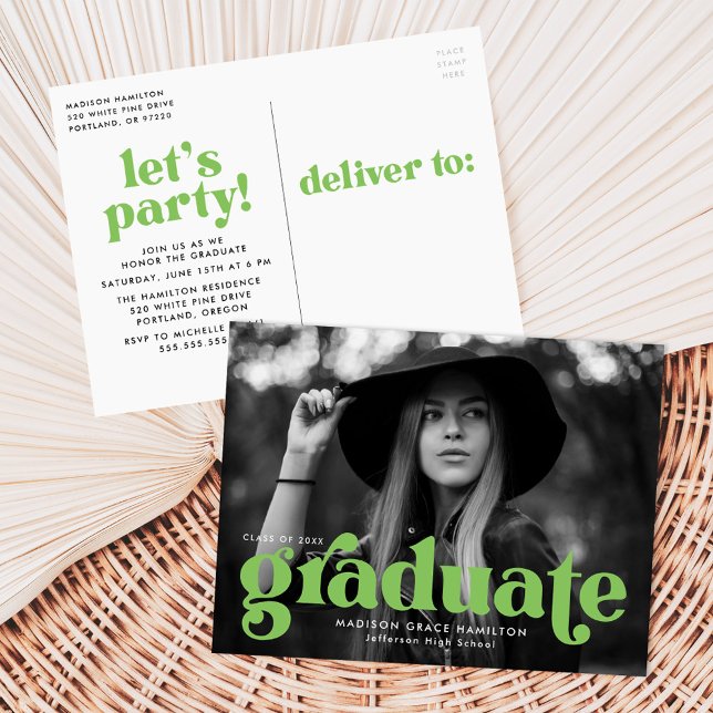 Invitation Carte Postale Audacieuse Typographie Lime Green Photo Graduation (Créateur téléchargé)