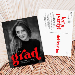 Invitation Carte Postale Audacieuse Typographie Red Photo Graduation Party