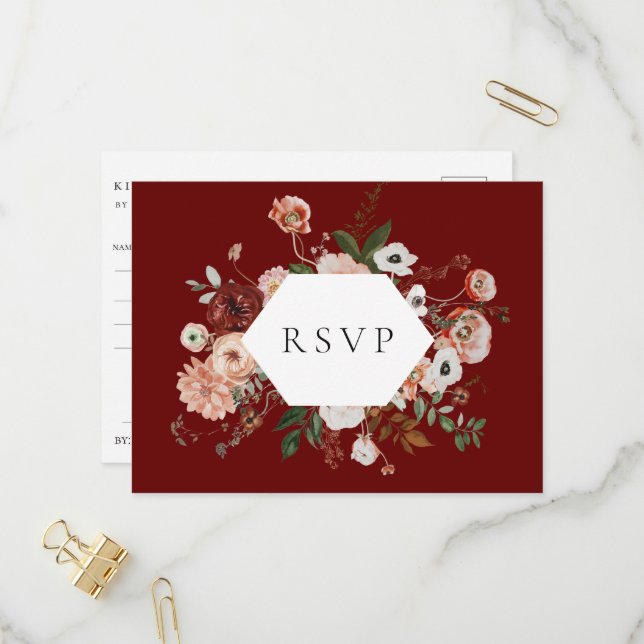 Invitation Carte Postale Automne Floral Frame Wedding RSVP Song Request (Devant/Arrière en situation)