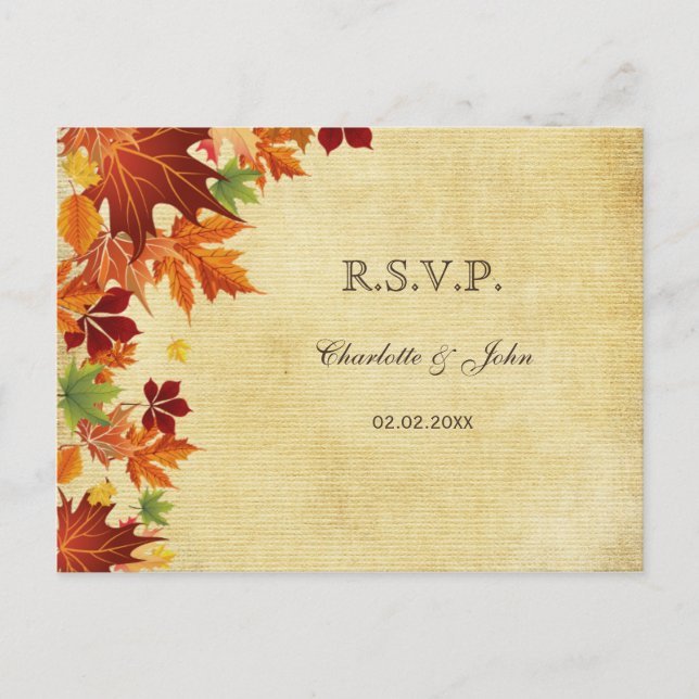 Invitation Carte Postale Automne laisse un Mariage rustique (Devant)