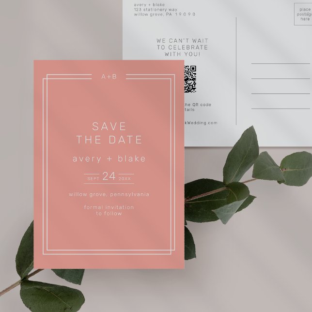 Invitation Carte Postale AVERY Minimal Blush Peach Wedding Enregistrer la d (AVERY Minimal Blush Peach Wedding Save the Date Invitation Postcard)