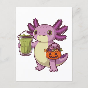 Invitation Carte Postale Axolotl Holding Halloween Panier et Matcha