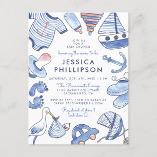 Invitation Carte Postale Baby Boy Sailor   Baby shower Nautique Bleu Cute