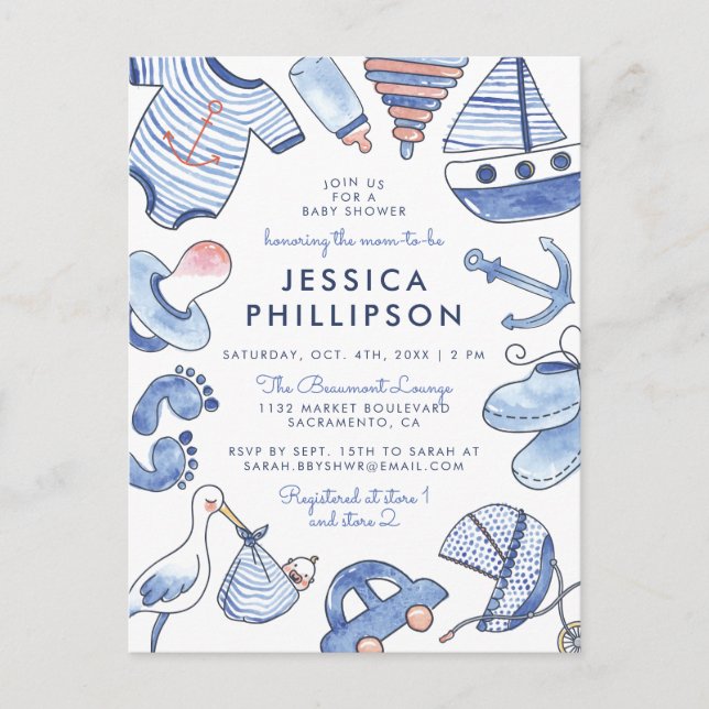 Invitation Carte Postale Baby Boy Sailor | Baby shower Nautique Bleu Cute (Devant)