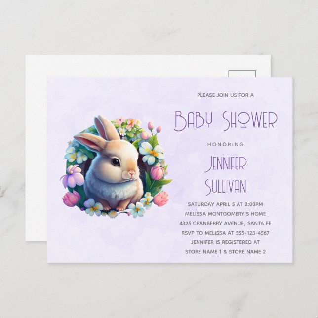 Invitation Carte Postale Baby Bunny dans le Baby shower de fleurs de printe (Devant / Derrière)