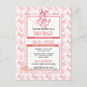 Invitation Carte Postale Baby Girl Douche Coral rose Octopus Ocean Life