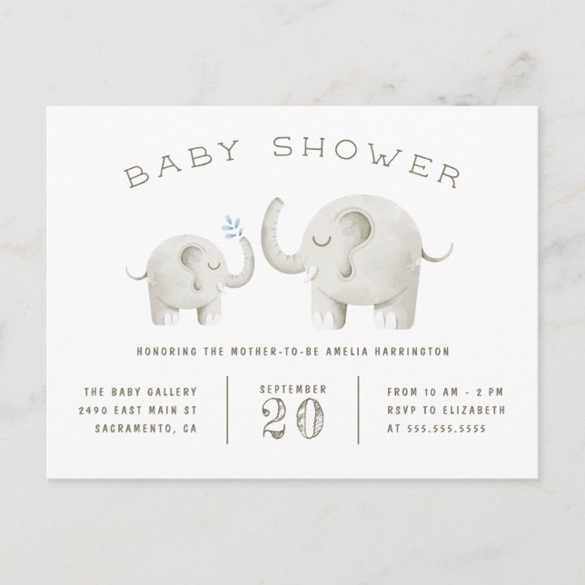 Invitation Carte Postale Baby & Mère Eléphant Baby shower neutre genre (Devant)