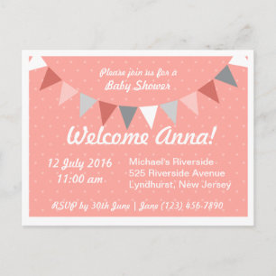 Invitation Carte Postale Baby shower à lime rose