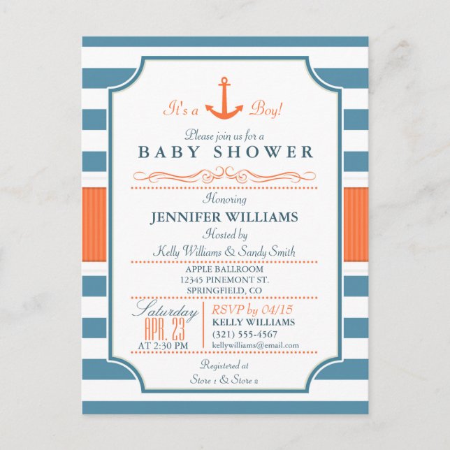 Invitation Carte Postale Baby shower Ancre bleu marine et orange (Devant)