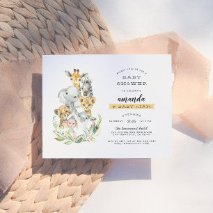 Invitation Carte Postale Baby Shower Animaux de la Jungle Aquarelle Orange