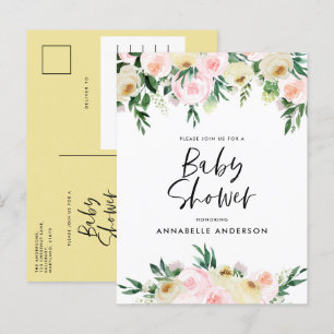 Invitation Carte Postale Baby shower aquarelle citron giron script floral