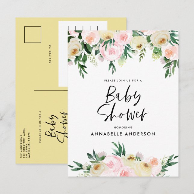 Invitation Carte Postale Baby shower aquarelle citron giron script floral (Devant / Derrière)