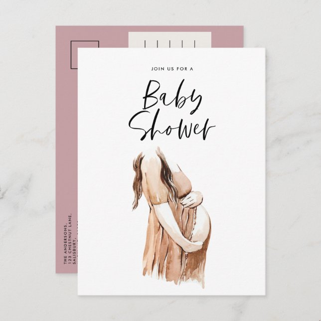 Invitation Carte Postale Baby shower aquarelle illustration violet (Devant / Derrière)