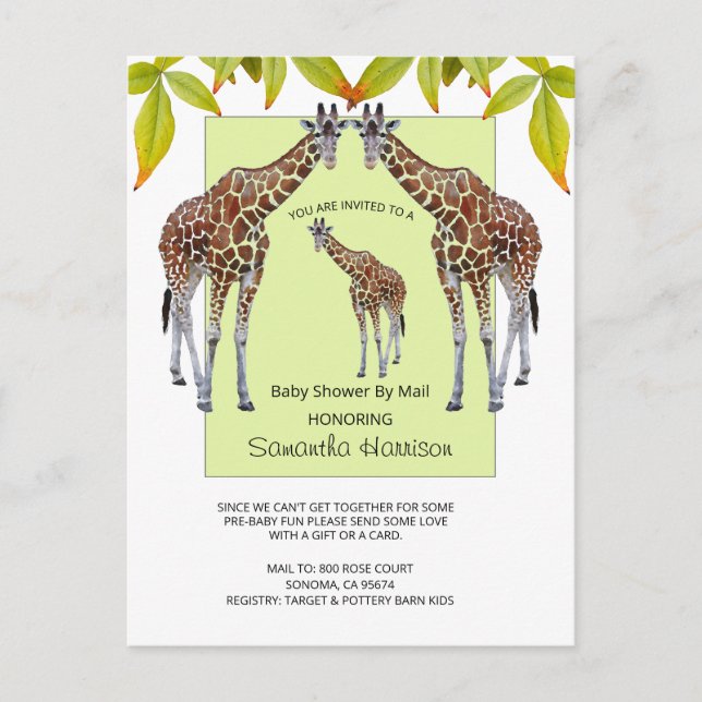 Invitation Carte Postale Baby shower Aquarelle Jungle Giraffe Par Courrier (Devant)