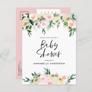 Invitation Carte Postale Baby shower aquarelle rose girly script floral