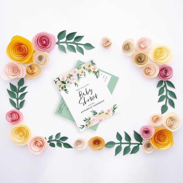 Invitation Carte Postale Baby shower aquarelle vert rose floral script (Créateur téléchargé)