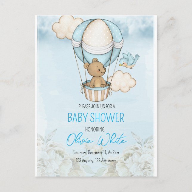 Invitation Carte Postale Baby shower Bear Balloon, On Peut Attendre (Devant)