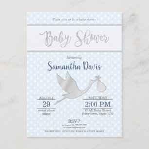 Invitation Carte Postale Baby shower bébé en cigogne d'argent