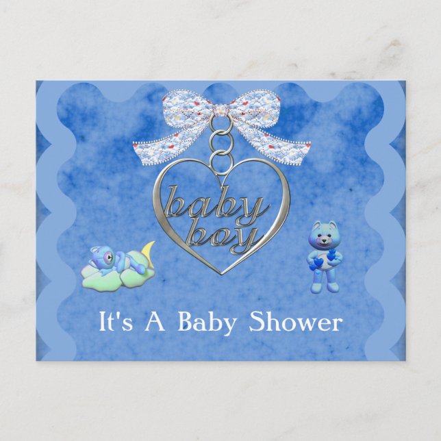 Invitation Carte Postale Baby shower Bleu Boy Teddy Bear Charm (Devant)