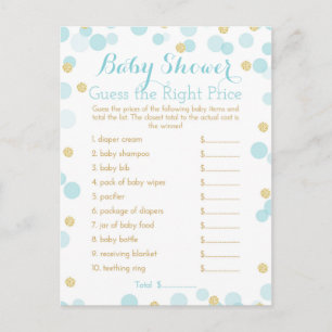 Invitation Carte Postale Baby shower bleu et or jeu de prix droit