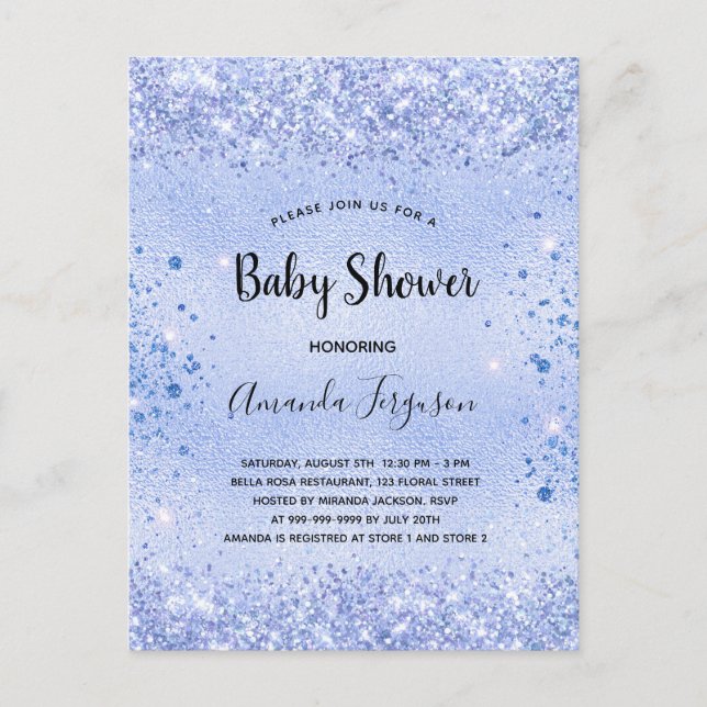 Invitation Carte Postale Baby shower bleu parties scintillant garçon (Devant)