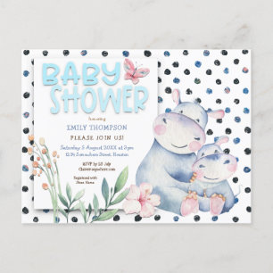 Invitation Carte Postale Baby shower bleu Pois des Cubes Hippos