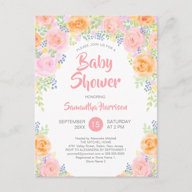 Invitation Carte Postale Baby shower Budget Rose Roses Aquarelle Florale (Devant)