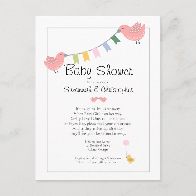 Invitation Carte Postale Baby Shower By Mail Girl Pink Birds (Devant)