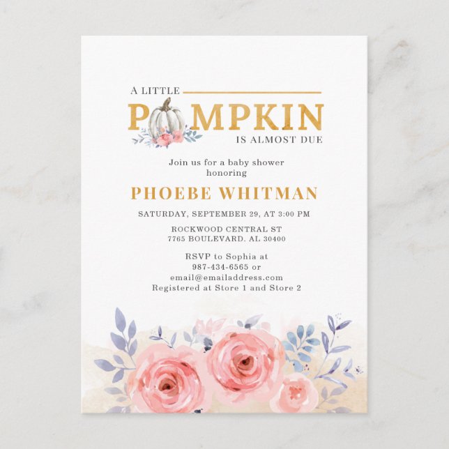 Invitation Carte Postale Baby shower citrouille Aquarelle Roses roses (Devant)