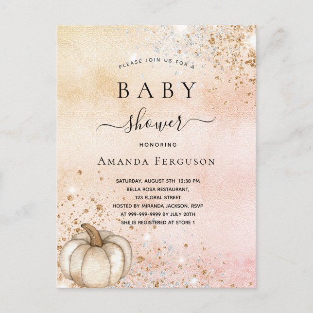Invitation Carte Postale Baby shower citrouille rose parties scintillant d' (Devant)