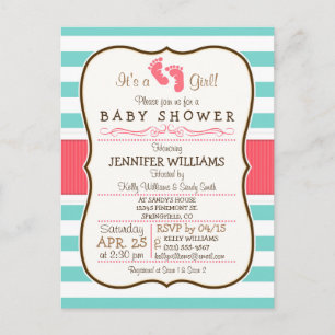Invitation Carte Postale Baby shower Coral, Aqua & White Stripes