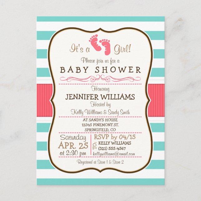 Invitation Carte Postale Baby shower Coral, Aqua & White Stripes (Devant)