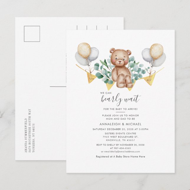 Invitation Carte Postale Baby shower Couples vert Ours et Eucalyptus (Devant / Derrière)