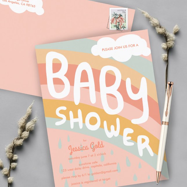 Invitation Carte Postale BABY SHOWER Cute Nuages Rainbow Pluie Custom (BABY SHOWER Cute Clouds Rainbow Rain Custom Invitation Postcard
Pink Girly )