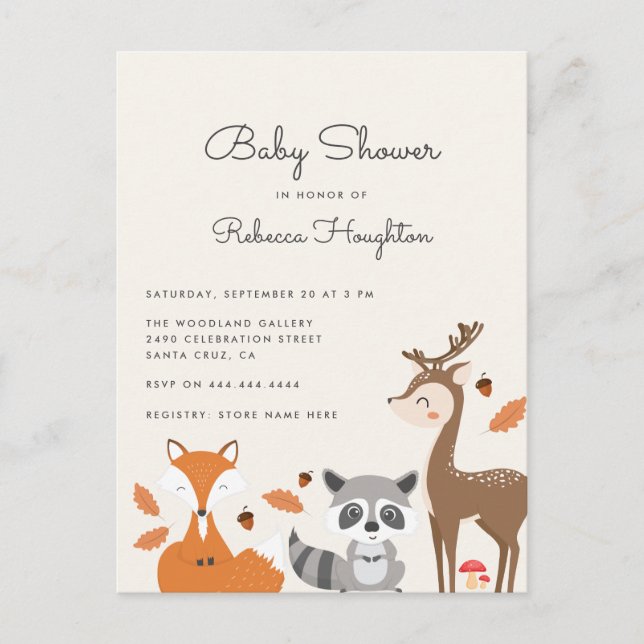 Invitation Carte Postale Baby shower d'animaux de bois neutres de genre mig (Devant)
