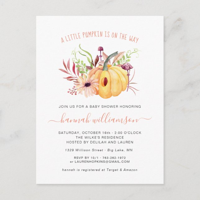 Invitation Carte Postale Baby shower d'automne de la petite Citrouille neut (Devant)