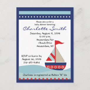 Invitation Carte Postale Baby shower de bateau à voile bleu Little Navy Inv