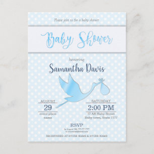 Invitation Carte Postale Baby shower de bébé en cigogne bleue