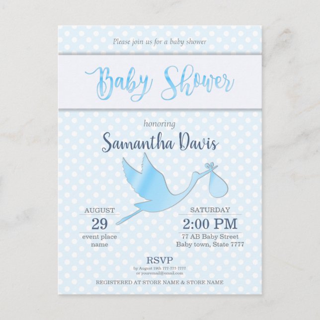 Invitation Carte Postale Baby shower de bébé en cigogne bleue (Devant)