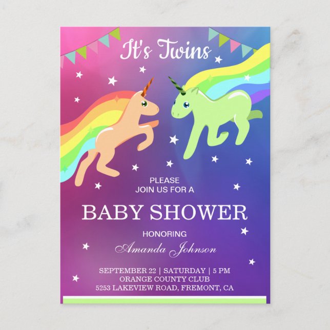Invitation Carte Postale Baby shower de jumeaux Unicorn (Devant)